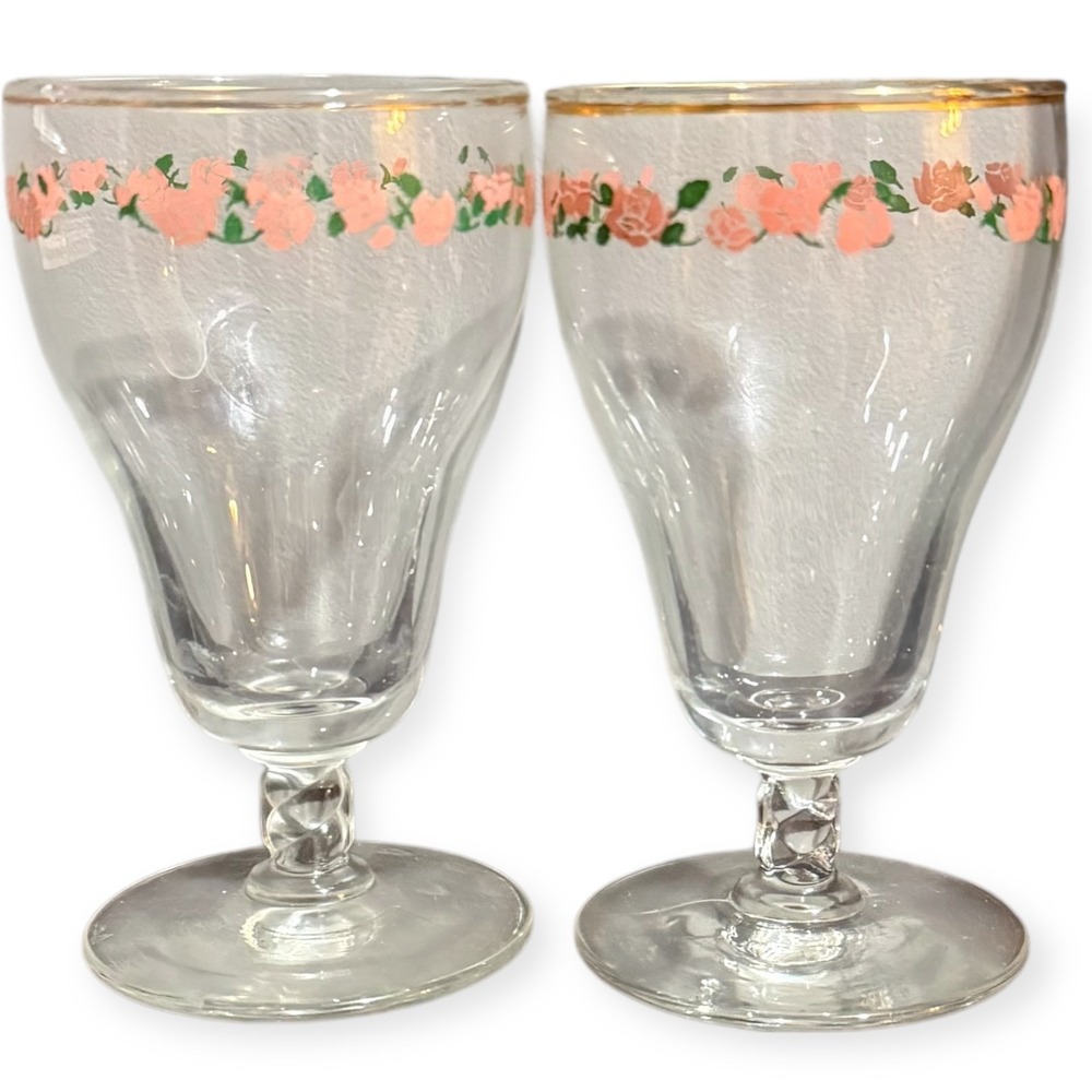 Vintage Libbey Pink Roses Footed Goblets Glasses Set‎ of 2 Gold Rim